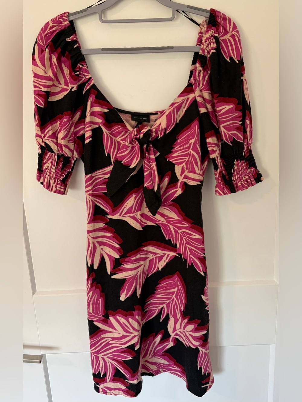 Who What Wear Black Mini Dress with Pink and Black Tropical Palms- XS